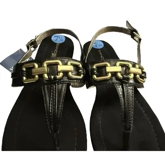 NEW Bandolino Nonnie T-Strap Sandal Womens 7.5 Black Patent Gold Chain Accent - Picture 4 of 6